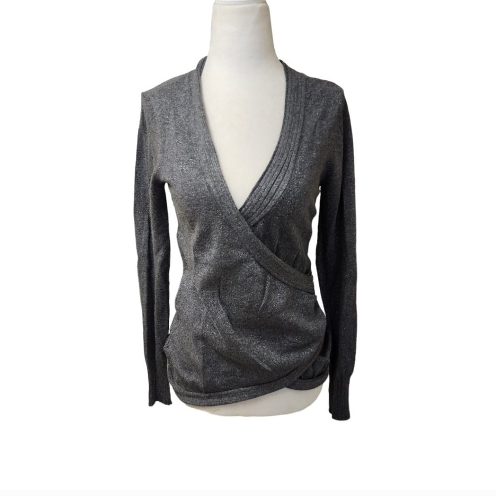 Guess Grey Silver Metallic Long Sleeve Top Sweater Deep Cut Small Petite Sexy